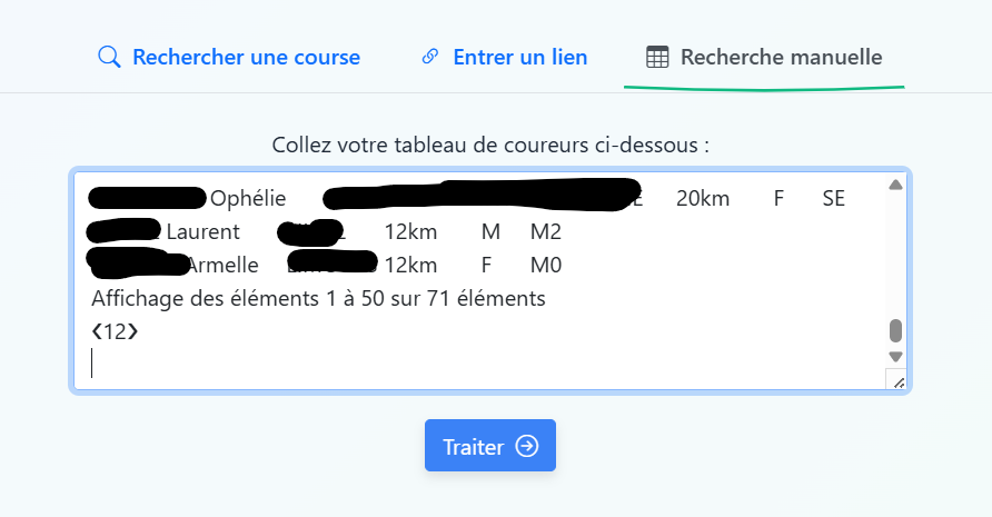 Capture d'écran montrant les données collées dans l'input de recherche manuelle